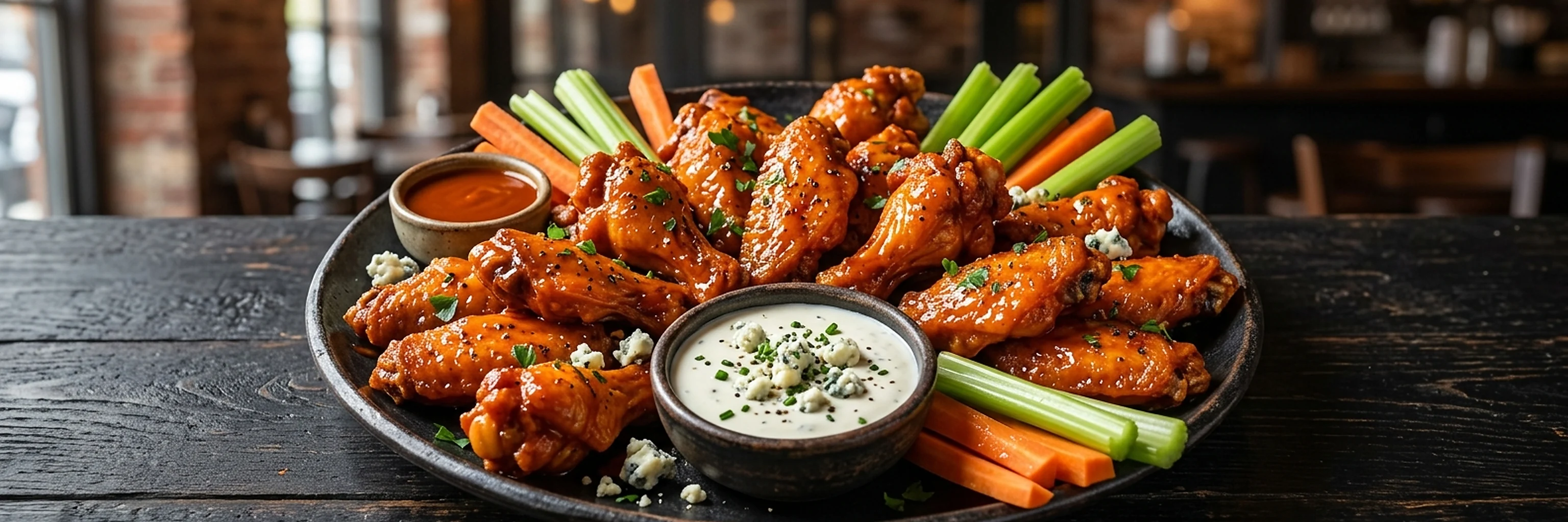 Large platter of buffalo wings with vegetables and dip