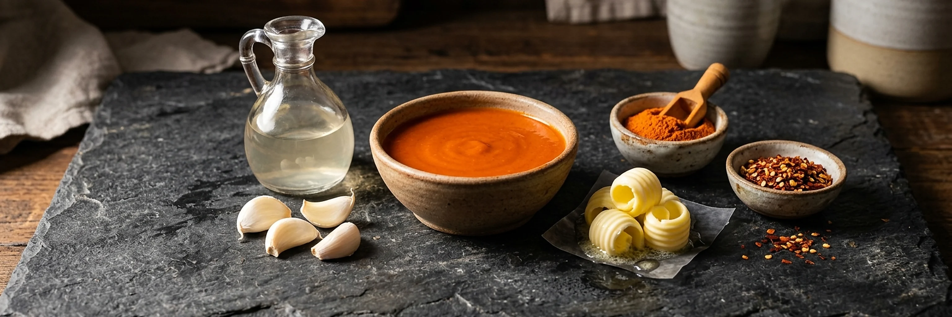 Buffalo sauce ingredients with cayenne, butter, vinegar, and garlic