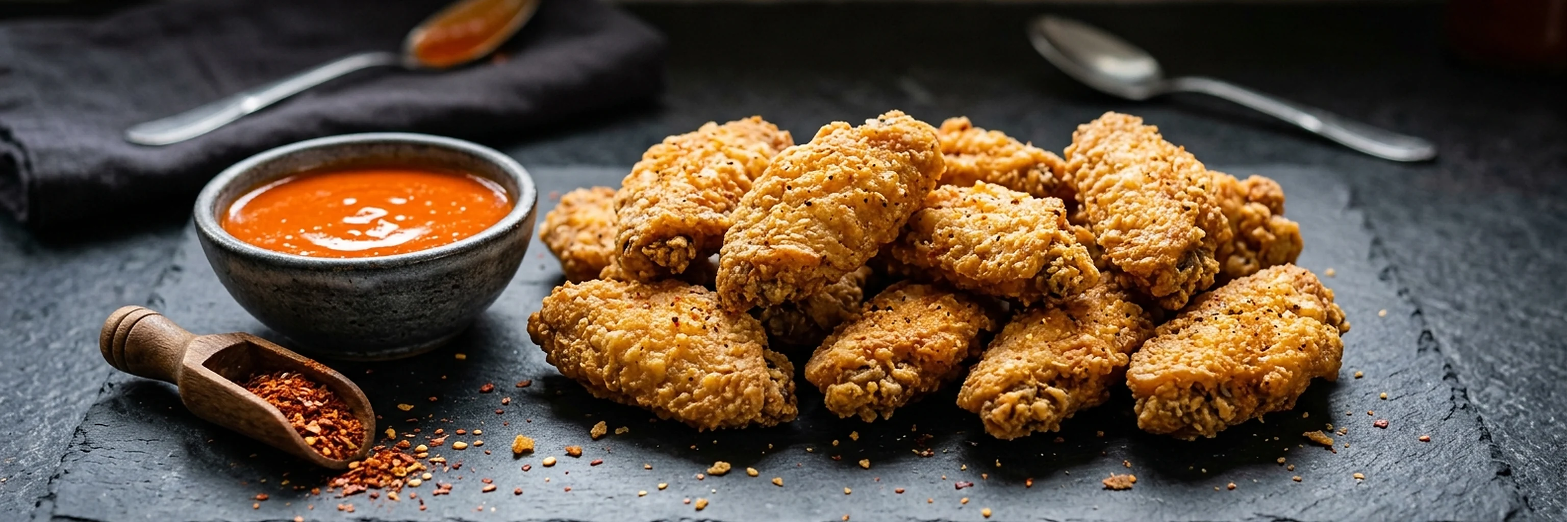 Crispy wings beside a bowl of buffalo sauce