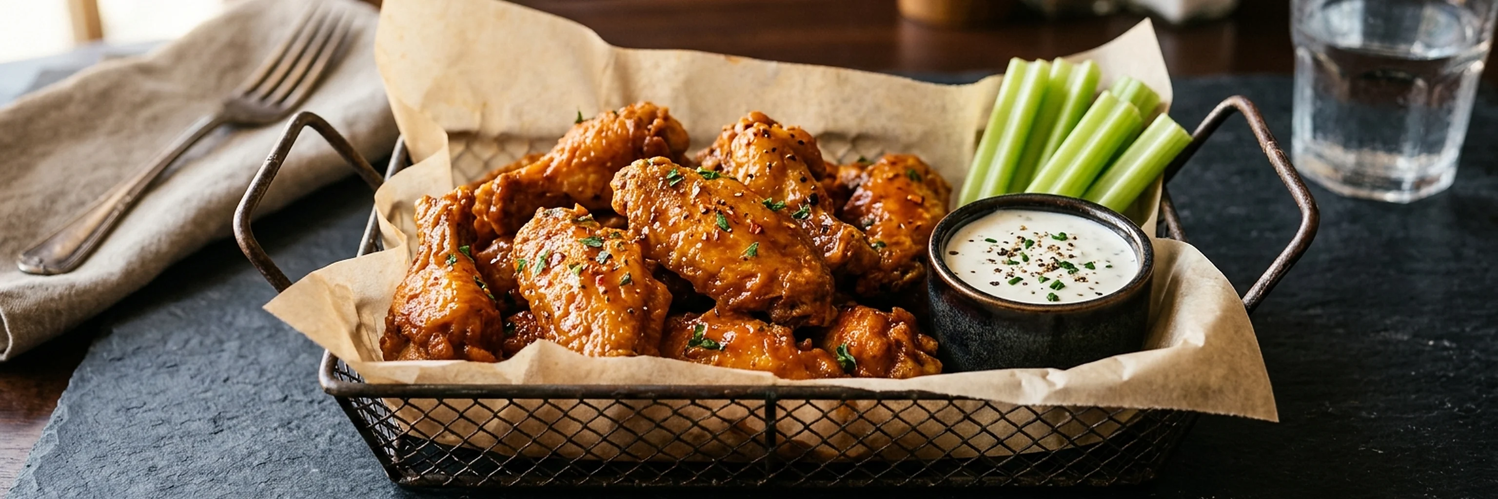 Buffalo wings in a parchment-lined basket with dip