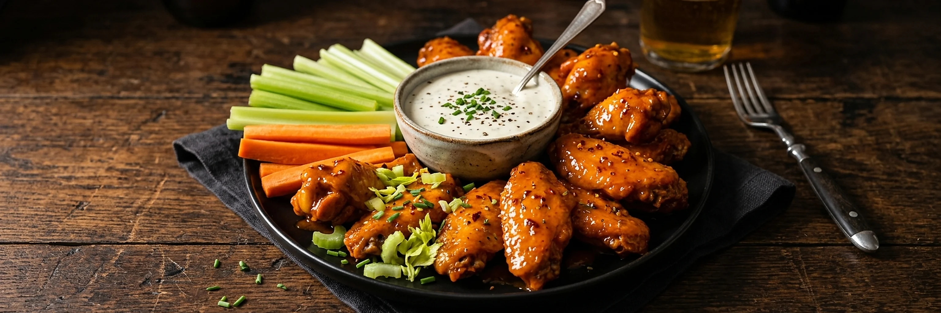 Buffalo wings arranged around a creamy dip bowl