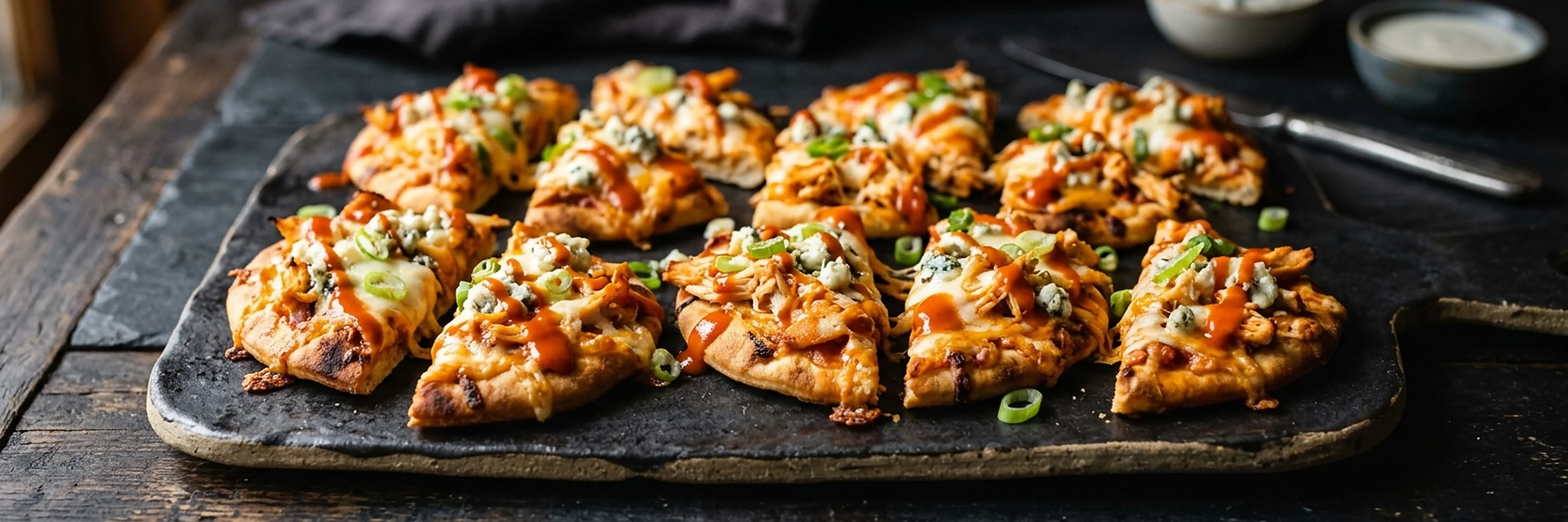 Buffalo flatbread bites with melted cheese and scallions