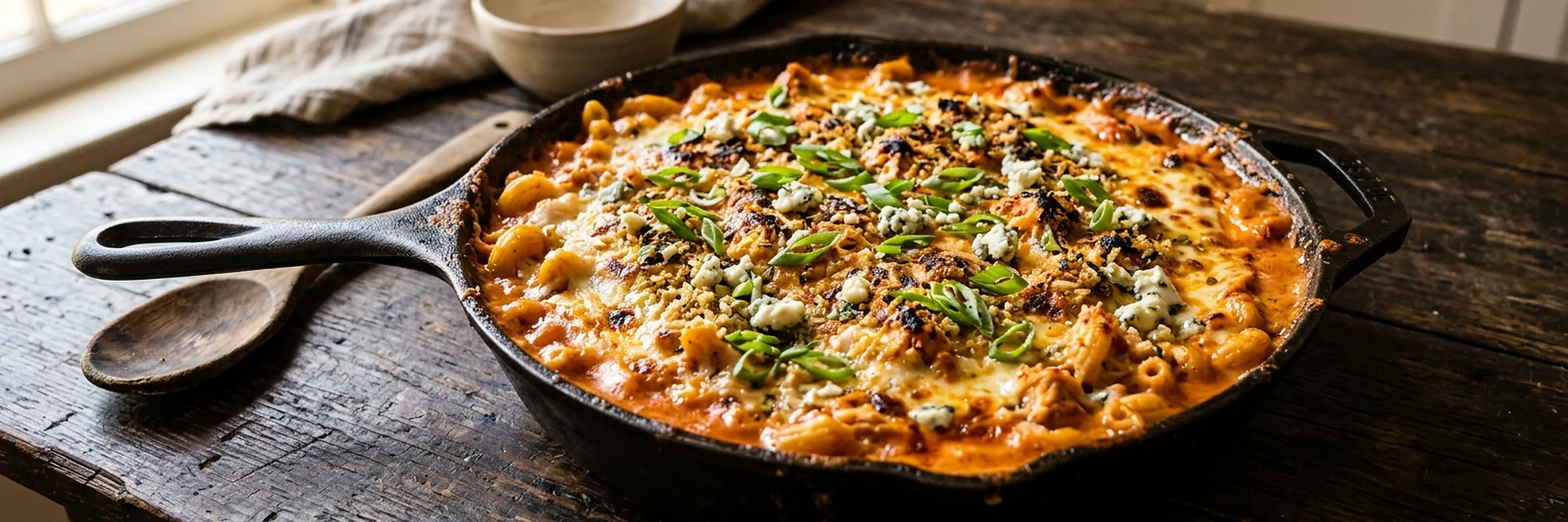 Creamy baked buffalo pasta in a cast iron pan