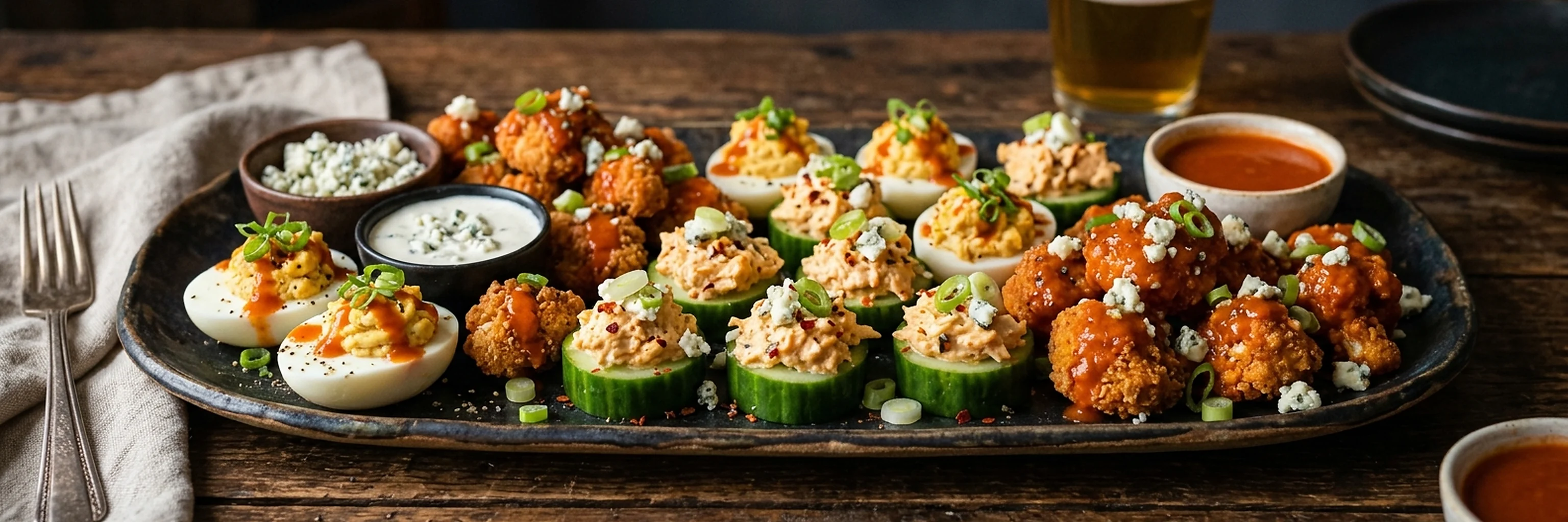Assorted buffalo appetizer bites on a dark platter