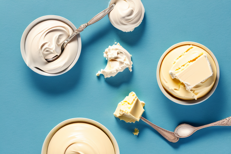 A bowl of sweet cream butter and a bowl of regular butter