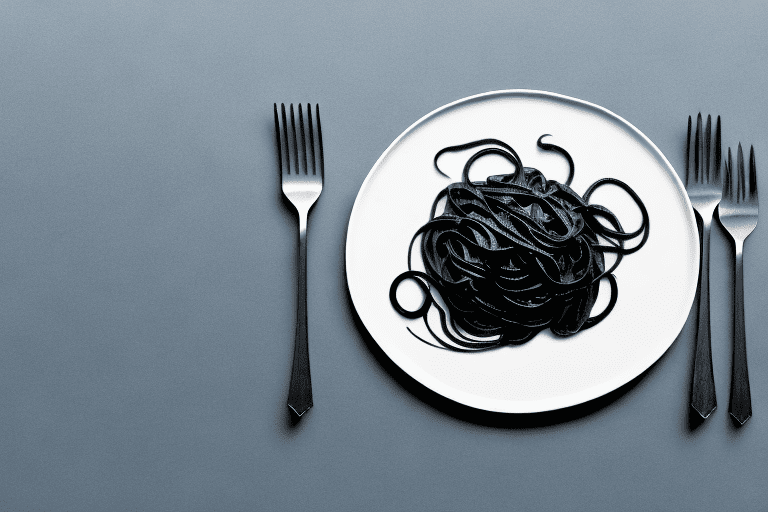 A plate of squid ink pasta with a fork and knife