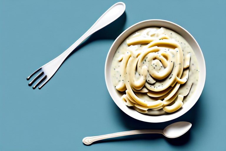 A bowl of alfredo sauce with a spoon stirring it to show how to keep it from separating