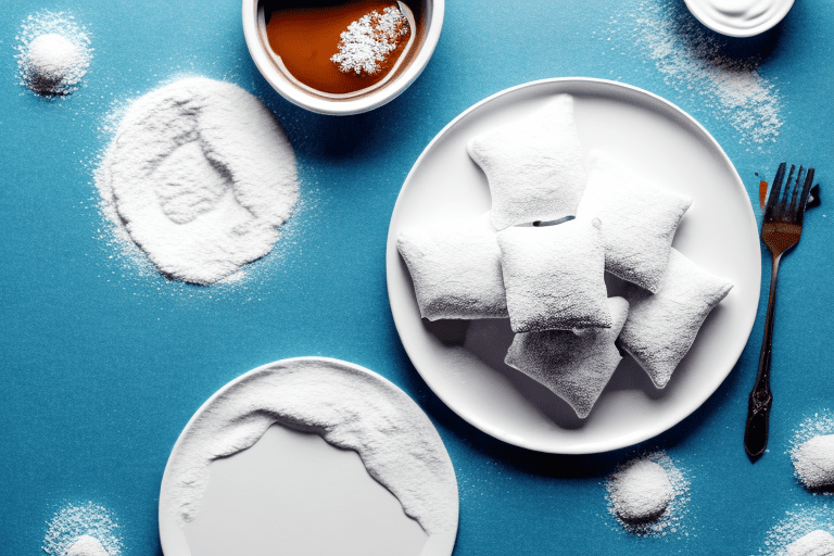 A plate of freshly-made beignets with a container of powdered sugar beside it