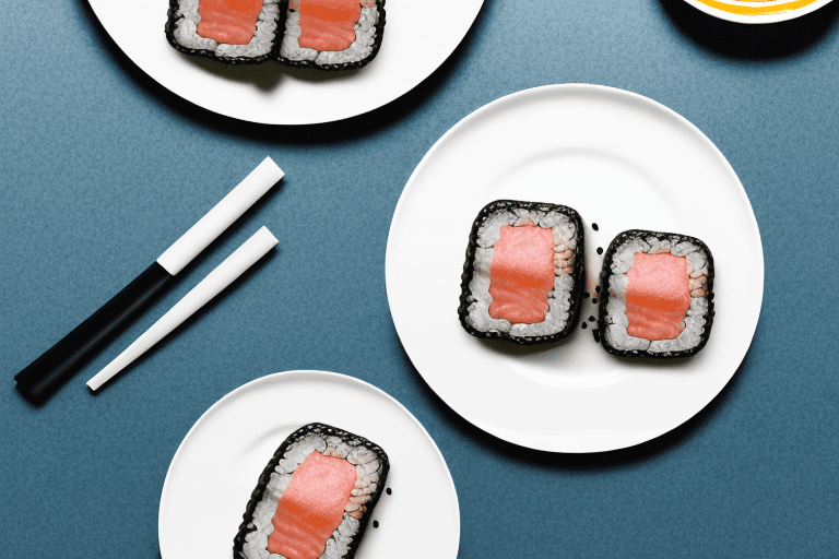 A plate of spam musubi being reheated in a microwave