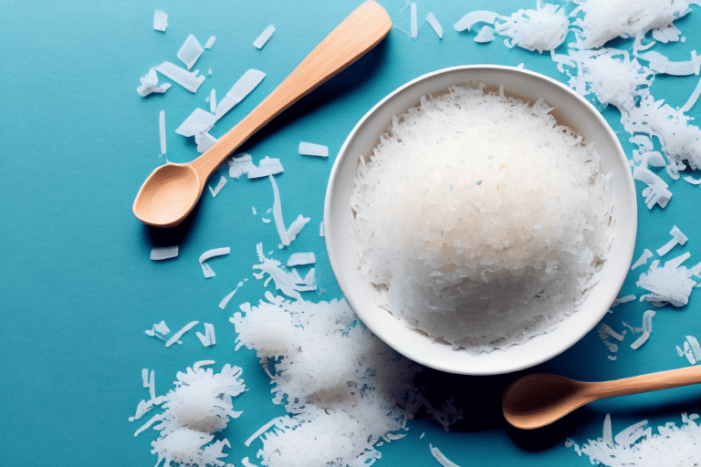 A bowl of shredded coconut with a spoon