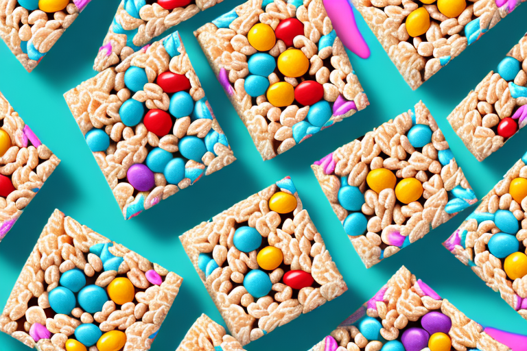 A colorful plate of rice krispie treats with a timer ticking down in the background