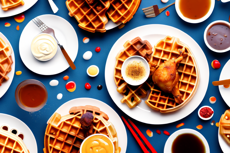 A plate of chicken and waffles with a variety of toppings