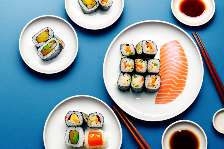 A plate of sushi with a steaming bowl of rice beside it