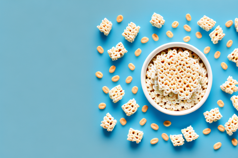 A bowl of rice krispies with a few grains of cereal spilling out of the bowl