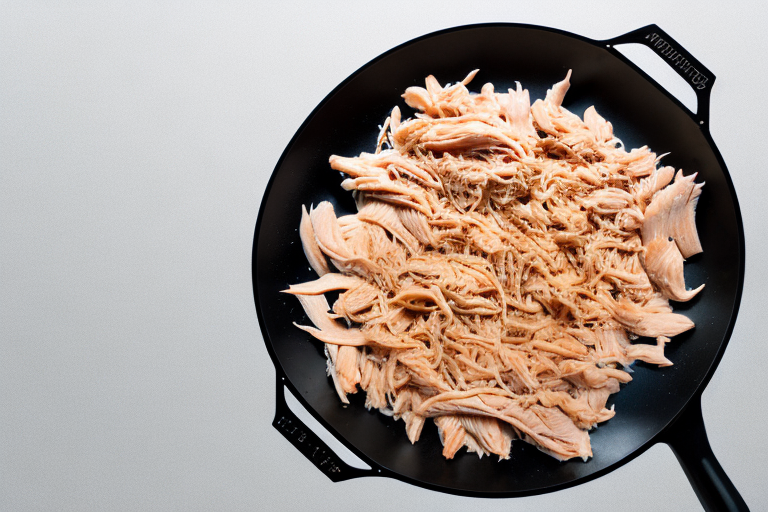 A plate of shredded chicken being reheated in a skillet on a stovetop