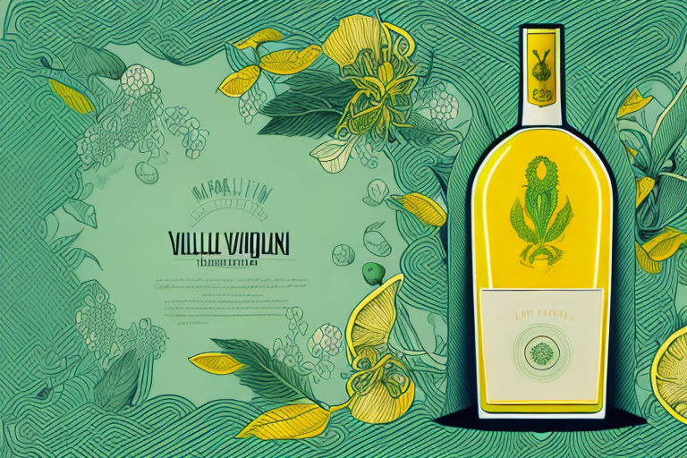 A bottle of yellow-green liqueur with a label featuring a stylized image of a plant