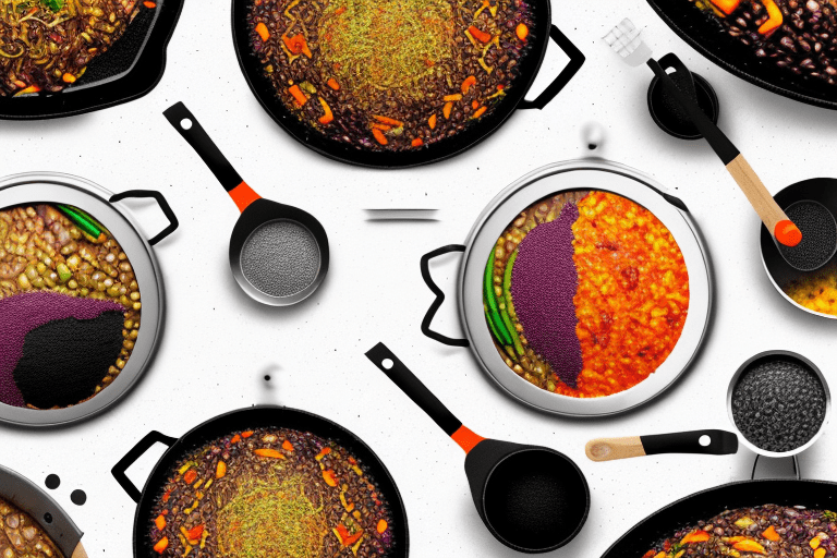 A pan with black rice and vegetables cooking to make a paella