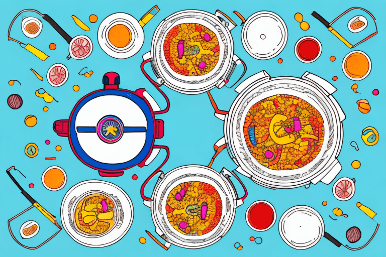 A pressure cooker with a colorful paella dish inside