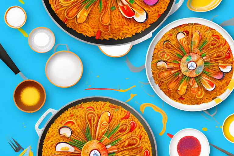 A bowl of colorful paella with the ingredients arranged in a visually appealing way