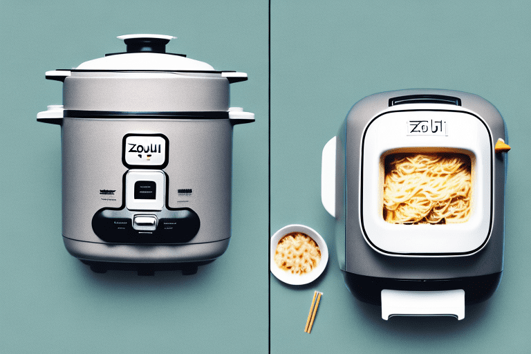 A zojirushi rice cooker with a pot of cooked pasta beside it