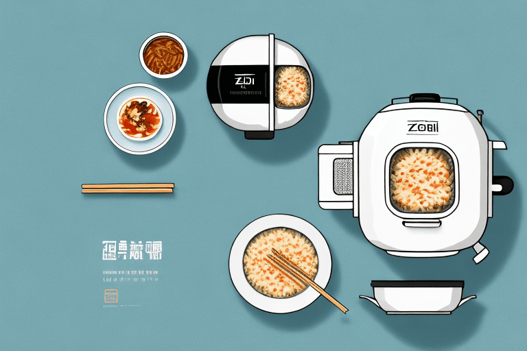 A zojirushi rice cooker with a bowl of fried rice beside it
