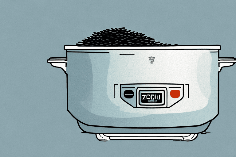 A zojirushi rice cooker with a bowl of cooked black rice beside it