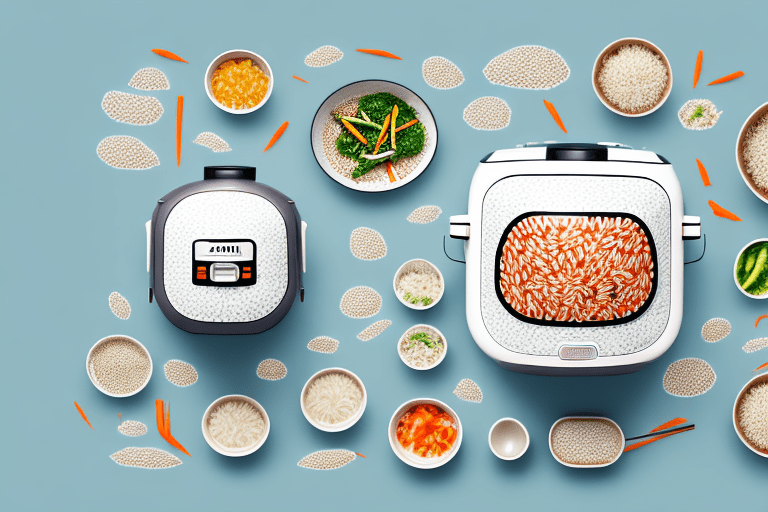 A zojirushi rice cooker with a bowl of cooked rice and mixed vegetables