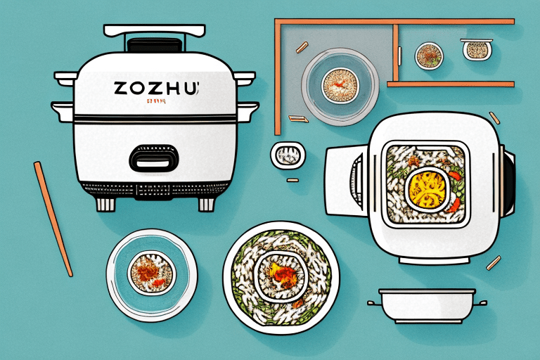 A zojirushi rice cooker with a bowl of bibimbap rice beside it
