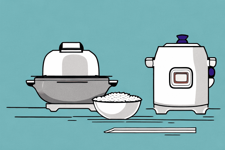A zojirushi rice cooker with a bowl of coconut rice beside it