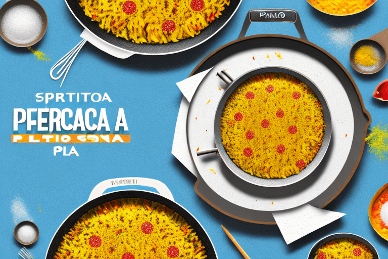 A paella pan with saffron sprinkled on top of the rice