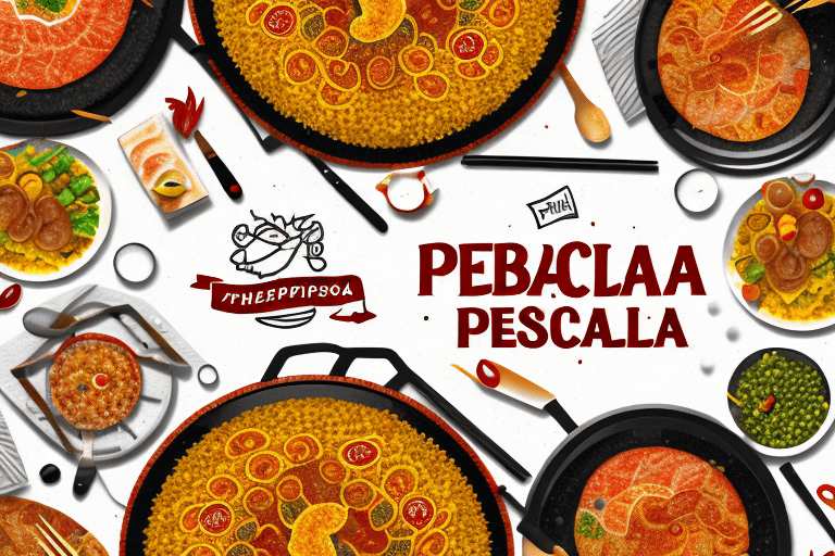 A paella dish with a variety of different types of meat