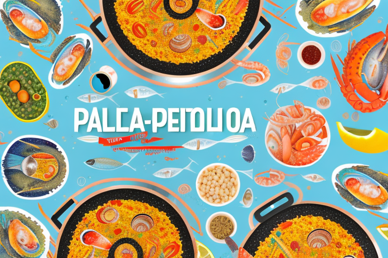 A colorful paella dish with seafood ingredients