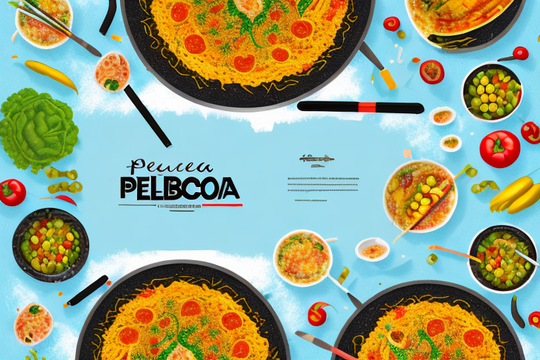 A paella dish with a mix of fresh and frozen vegetables