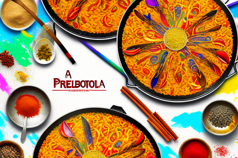 A colorful paella dish with a variety of spices sprinkled on top