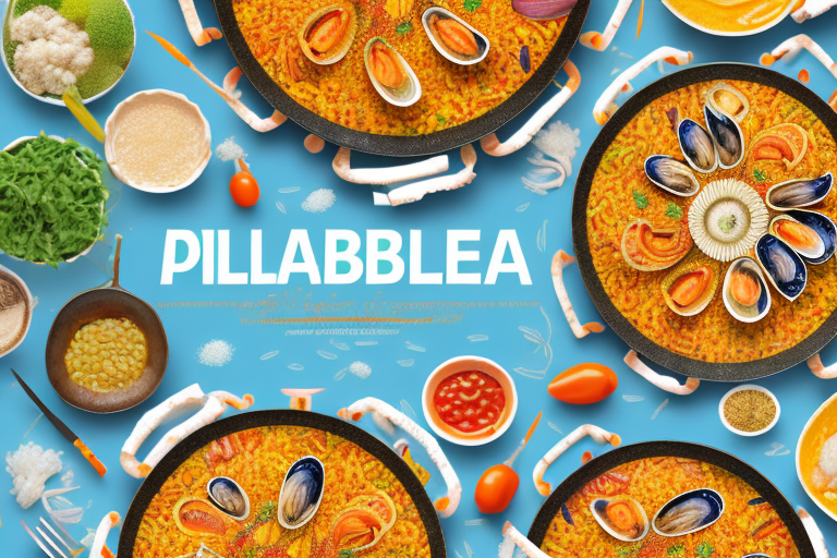 A colorful paella dish with ingredients such as vegetables