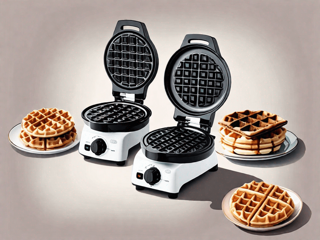 A dash mini waffle maker and a full size waffle iron side by side