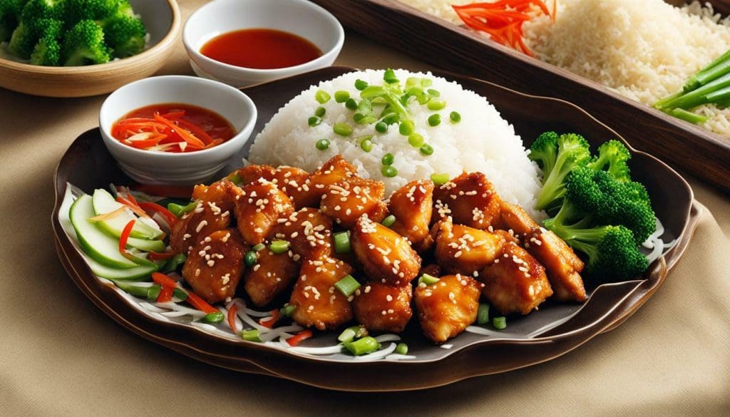 Asian sesame chicken served with rice and broccoli