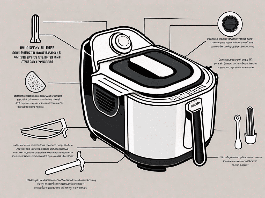 A powerxl air fryer with various parts labeled