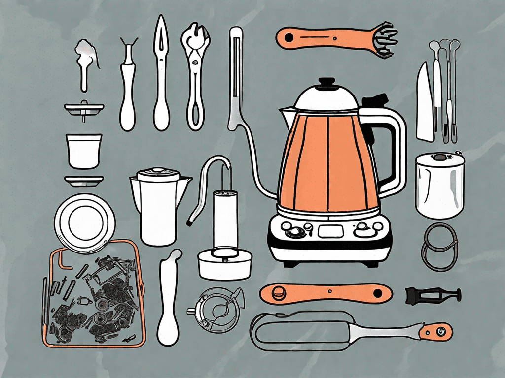 A chefman electric kettle being disassembled with its various components spread out